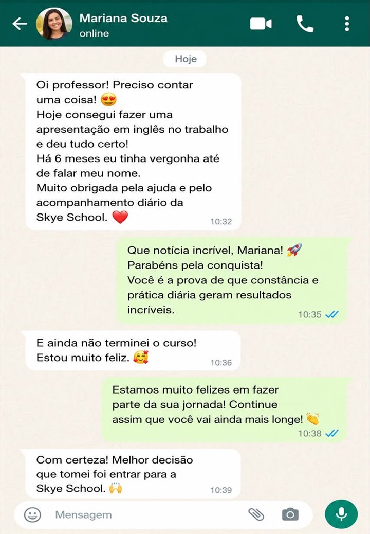 Depoimento de Mariana Souza sobre apresentação em inglês no trabalho