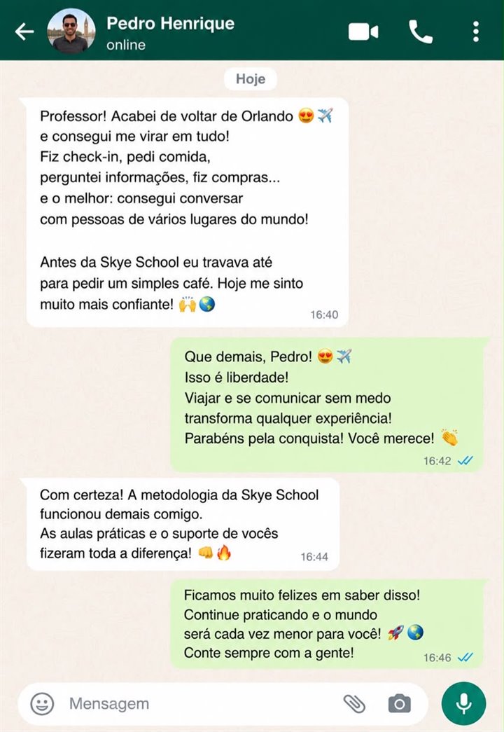 Depoimento de Pedro Henrique sobre viagem para Orlando usando inglês